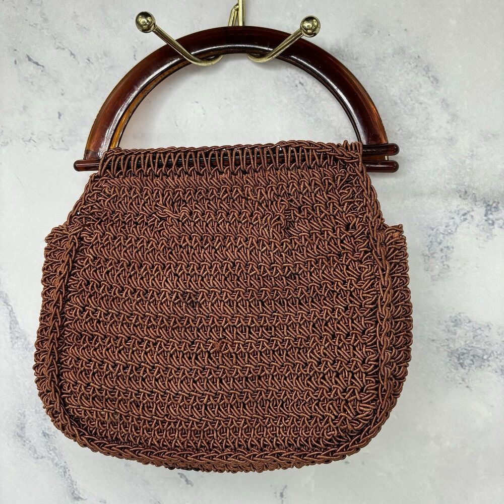 Vintage 60s Macrame Handbag Purse Lucite Handles Made In Italy Retro Hippy chic - Picture 6 of 16